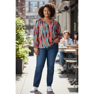 Savanna Jane Top 1X Boho Multicolor Abstract Print Blouse Flowy Long Sleeve Euc